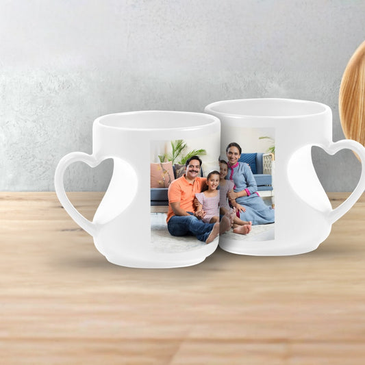 Personalised Heart Cut Handle Printed Mugs