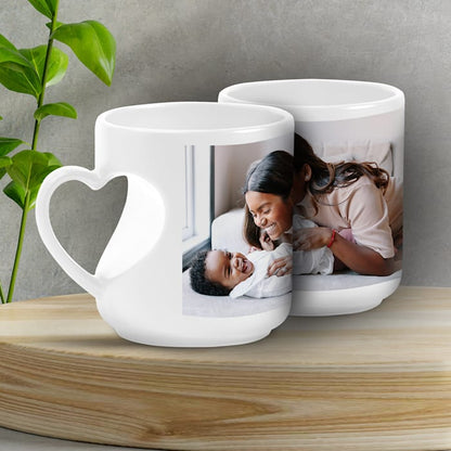 Personalised Heart Cut Handle Printed Mugs